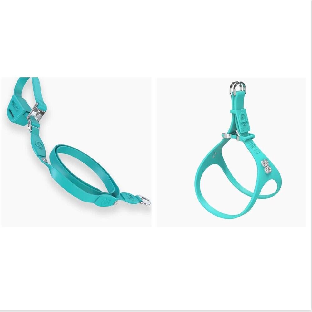BONEFLY Boneflex Teal XXS HARNESS Aqua Swarovski & Flexfly LEASH -50" - Picture 2 of 9